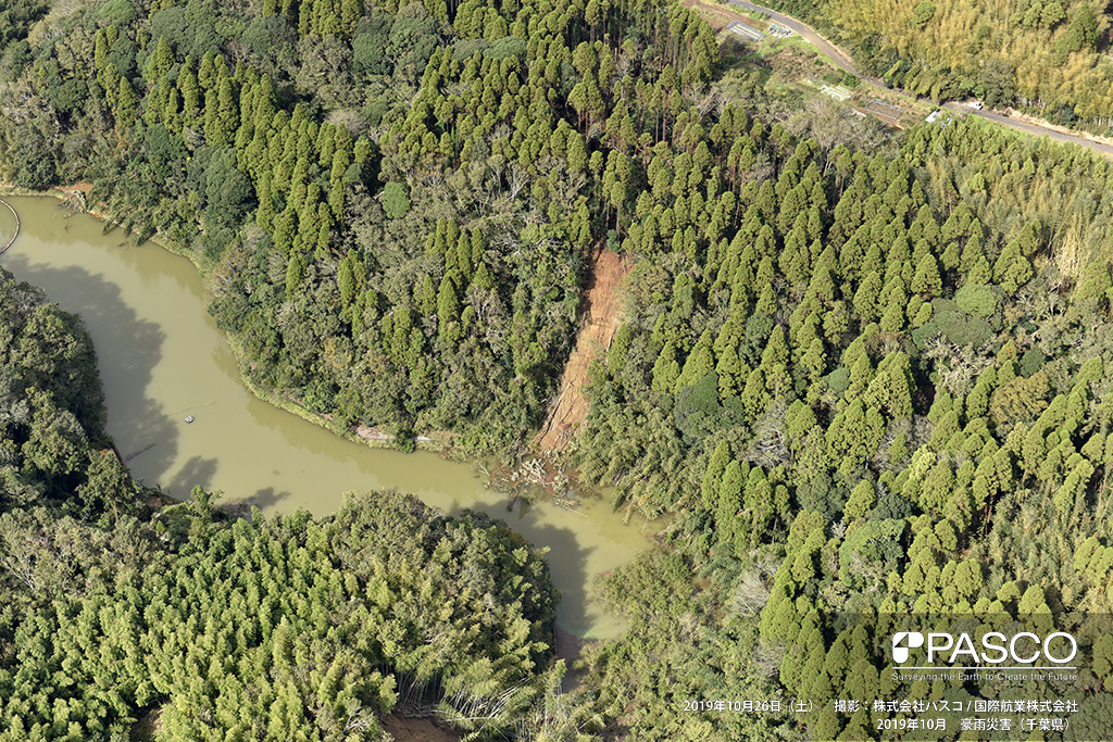 長柄町山之郷付近：　市津湖の湖岸斜面が崩壊し、土砂と流木が流入している。